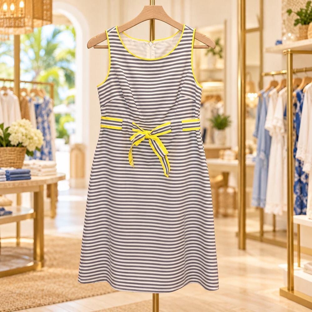Jessica Howard Gray White Striped Dress Yellow Bow Size 6 Sleeveless Resort Chic